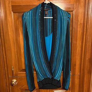 INC International Concepts Teal and Black Striped Blouse